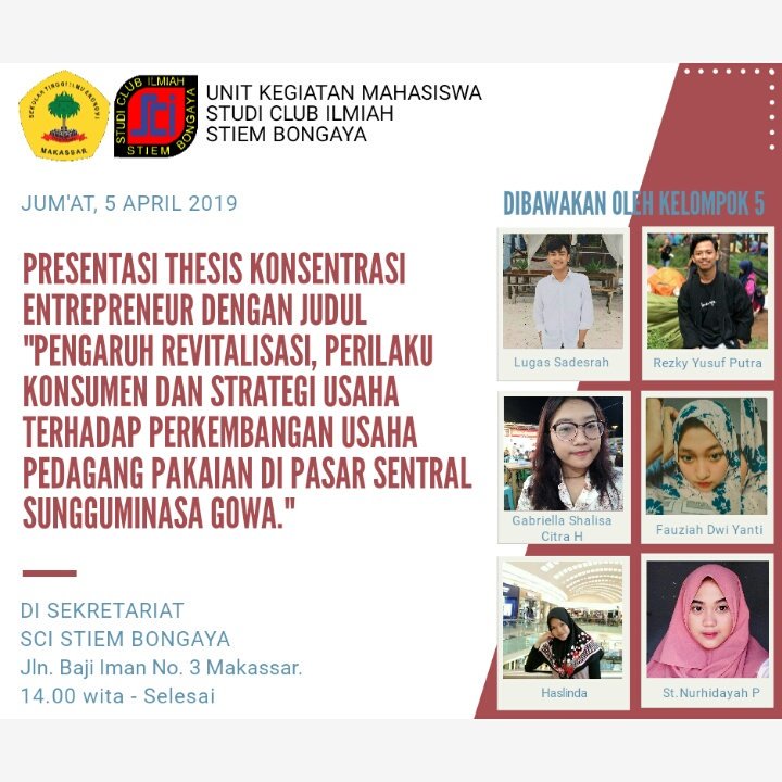 sci_stiem's tweet photo. Presentasi THESIS Enterpreneur dengan judul "Pengaruh Revitalisasi, Perilaku Konsumen dan Strategi Usaha Terhadap Perkembangan Usaha Pedagang Pakaian di Pasar Sentral Sungguminasa Gowa."
_
#scistiem
#sciresearch https://t.co/T7rslGGdL7