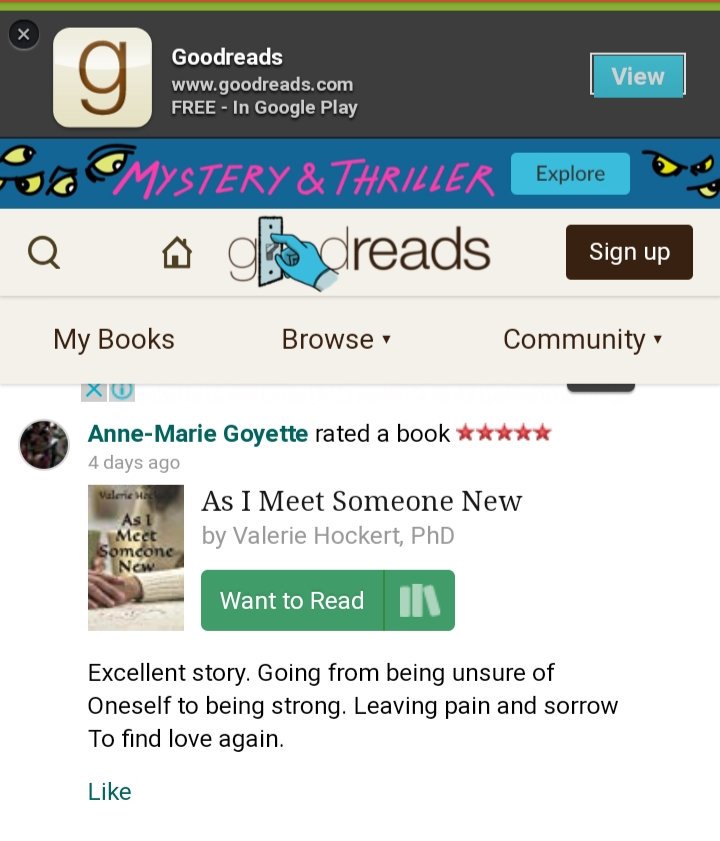 MoochersinCrime's tweet photo. another great feedback on Goodreads. You must read this. As I meet Someone New by Valerie Hockert.
#fictionnovel #bookshop #Goodreads https://t.co/Sz8yVDHFCb
