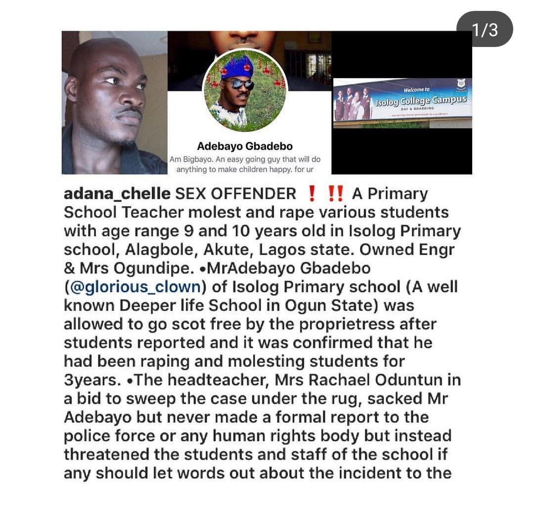 NigOffenders's tweet photo. Meet Adebayo Gbadebo. He works with Isolog Primary School, where he raped students aged 9 to 11. He is currently on the run. Please retweet till he is found. The schl is trying to cover it up. Let's make them all popular. The School's HM should be arrested for aiding and abetting https://t.co/fcOl2mlXqO