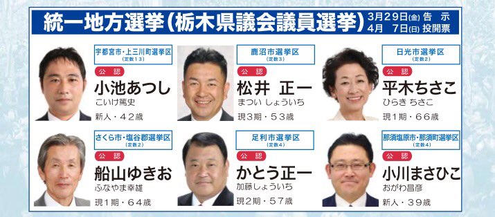 立憲民主党栃木県総支部連合会 りっけん栃木 V Twitter いよいよ明日 4月7日 日 は投票日です 船山ゆきお 平木ちさこ 小池あつし 小川まさひこ 松井正一 最後のお願いです 栃木県議会議員選挙 立憲民主党公認候補者5名にどうか皆様のお力をお貸し