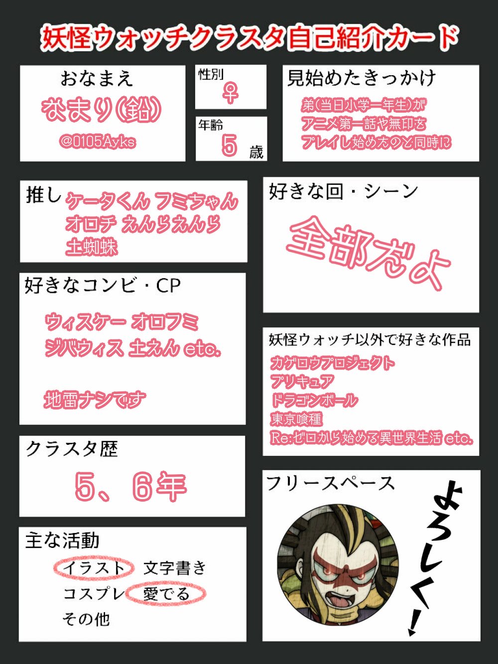 なまり Di Twitter 妖怪ウォッチクラスタ自己紹介カード 改めて自分も自己紹介カード便乗してみた イラスト達まとめ 妖怪ウォッチが好きな幼女です
