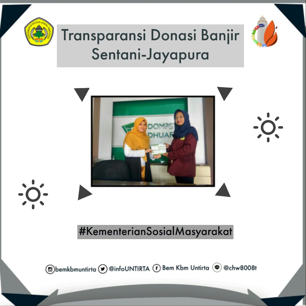 [UNTIRTA PEDULI SENTANI-JAYAPURA]

Transparansi Dana
Penyaluran donasi terhadap banjir Sentani-Jayapura yang Berkerjasama dengan Dompet Dhuafa dalam penyalurannya.

Dengan total uang yang disalurkan sebesar: Rp. 2.150.000

#BEMKBMUNTIRTA2019
#KabinetLokomotifPerjuangan
#Kemensos