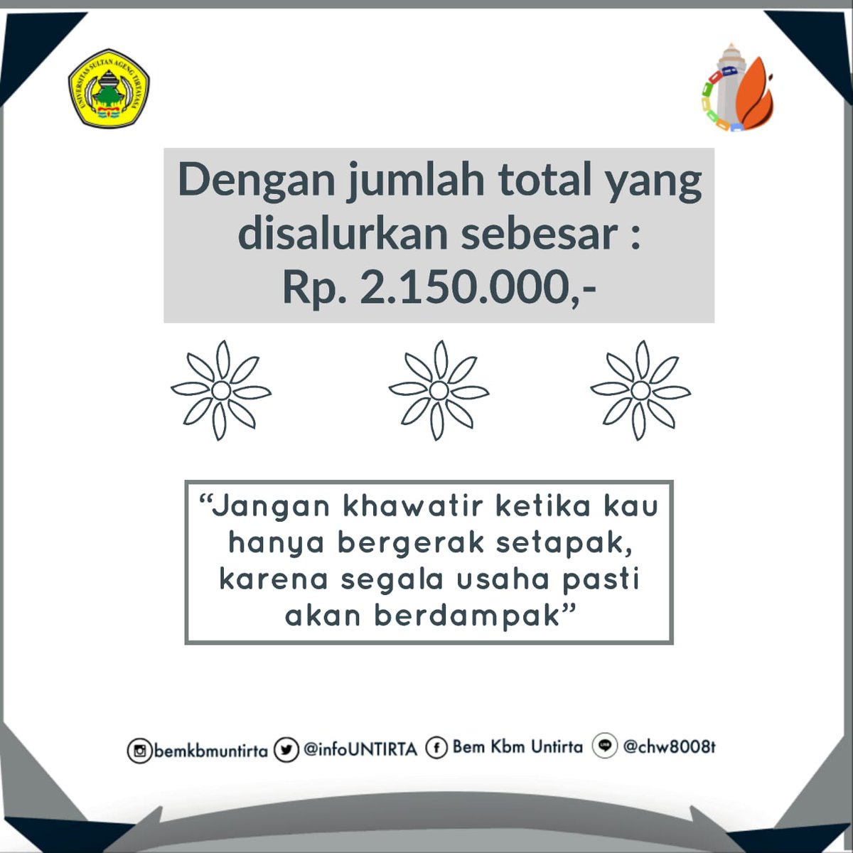 [UNTIRTA PEDULI SENTANI-JAYAPURA]

Transparansi Dana
Penyaluran donasi terhadap banjir Sentani-Jayapura yang Berkerjasama dengan Dompet Dhuafa dalam penyalurannya.

Dengan total uang yang disalurkan sebesar: Rp. 2.150.000,-

#BEMKBMUNTIRTA2019
#LokomotifPerjuangan
#Kemensos