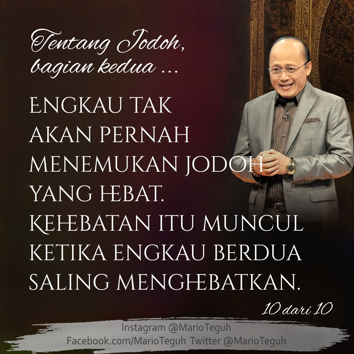 Tentang jodoh bagian kedua ...

love you ...💖💝💗

#MarioTeguh #motivator #motivatorindonesia #mtgw #motivasi #jodoh