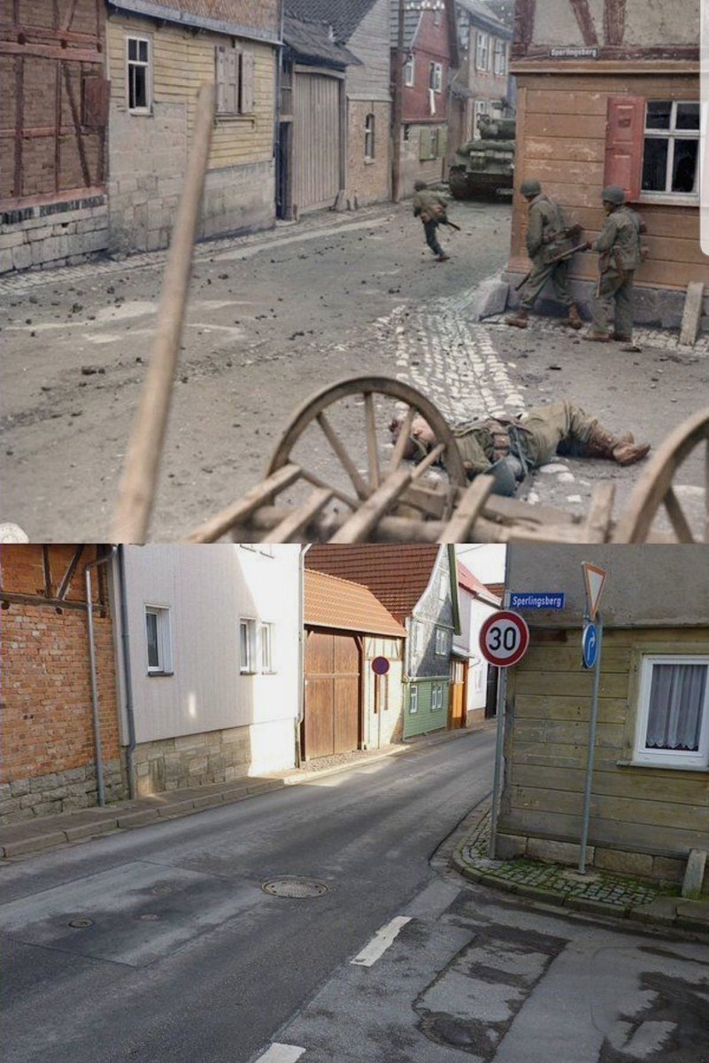 صورتين لشارع في مدينة (أوبر دورلاء) الألمانية  بينهم 69 سنة ، الأولى 1945م . أثناء الحرب العالمية الأولى ، والثانية عام 2014م . لم يتغير شئ… !!!