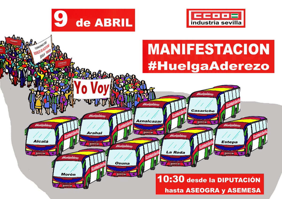 Quedan tres días para la manifestación de la #HuelgaAderezo y ya están llenos mas de 15 autobuses para asistir a la misma 
La flota de #CcooIndustriaSevilla sigue reservando plazas desde las empresas aceituneras.
