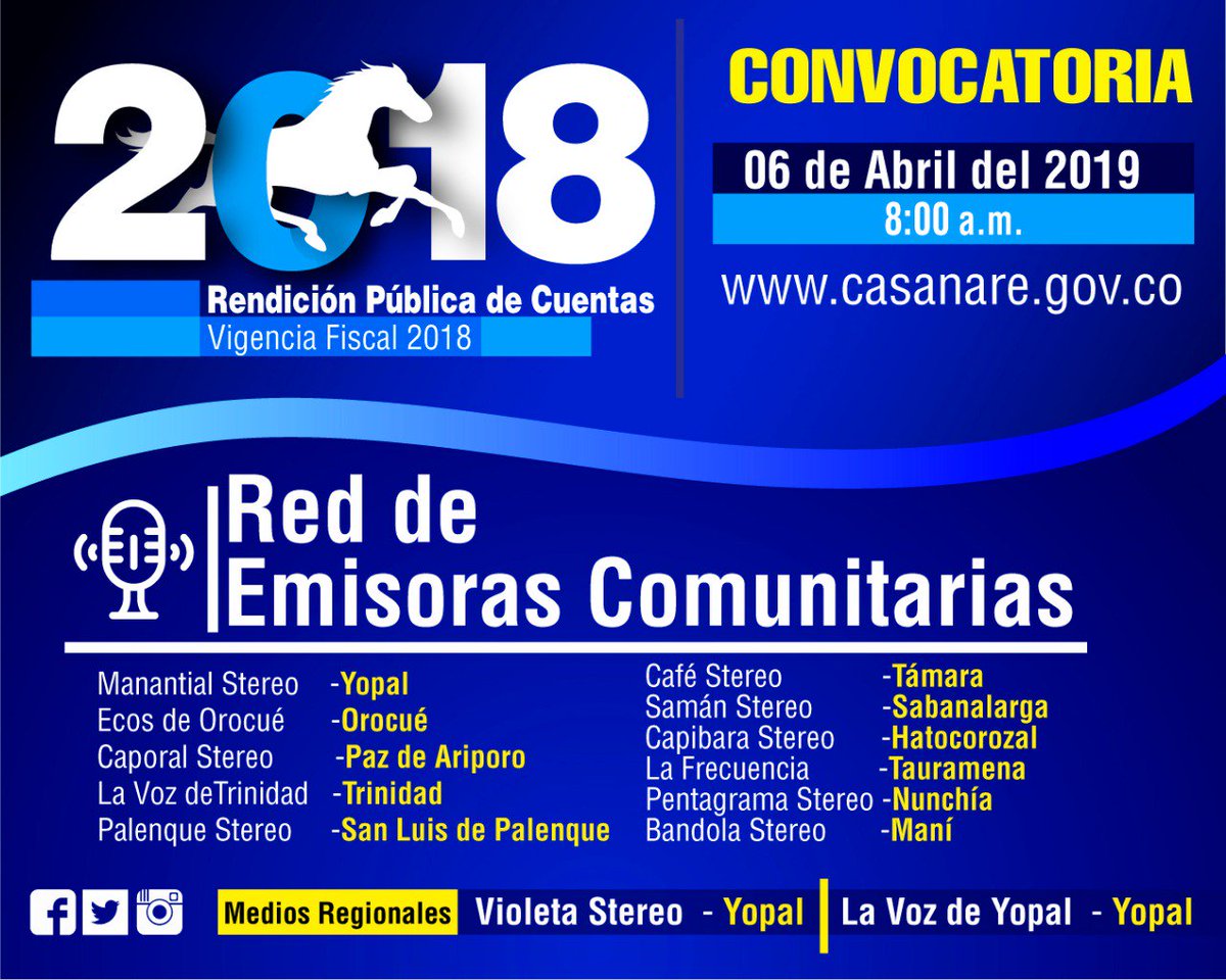 GobCasanare's tweet photo. #Hoy #RendiciónDeCuentas #Vigencia2018 | Nuestra administración  en directo con la comunidad, conozca los detalles de nuestra gestión, avances y resultados por un Casanare Con Paso Firme. @ManareRadio @LaVozDeYopal @VioletaStereo @manantialyopal #RedEmisorasComunitarias https://t.co/eX5PLBQ5uF