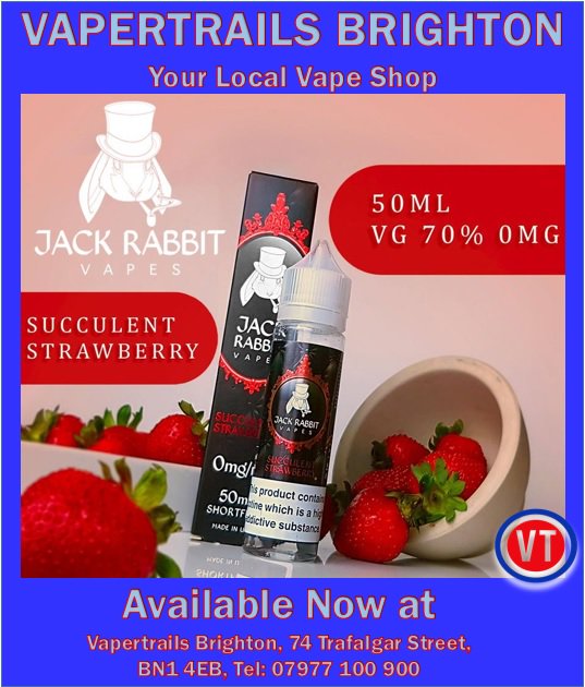 Succulent 🍓Strawberry by Jack Rabbit is a delicious Strawberry both tart and sweet.  Consistantly good. 🍓🍓In Store now....#vapertrailsbrighton #brighton