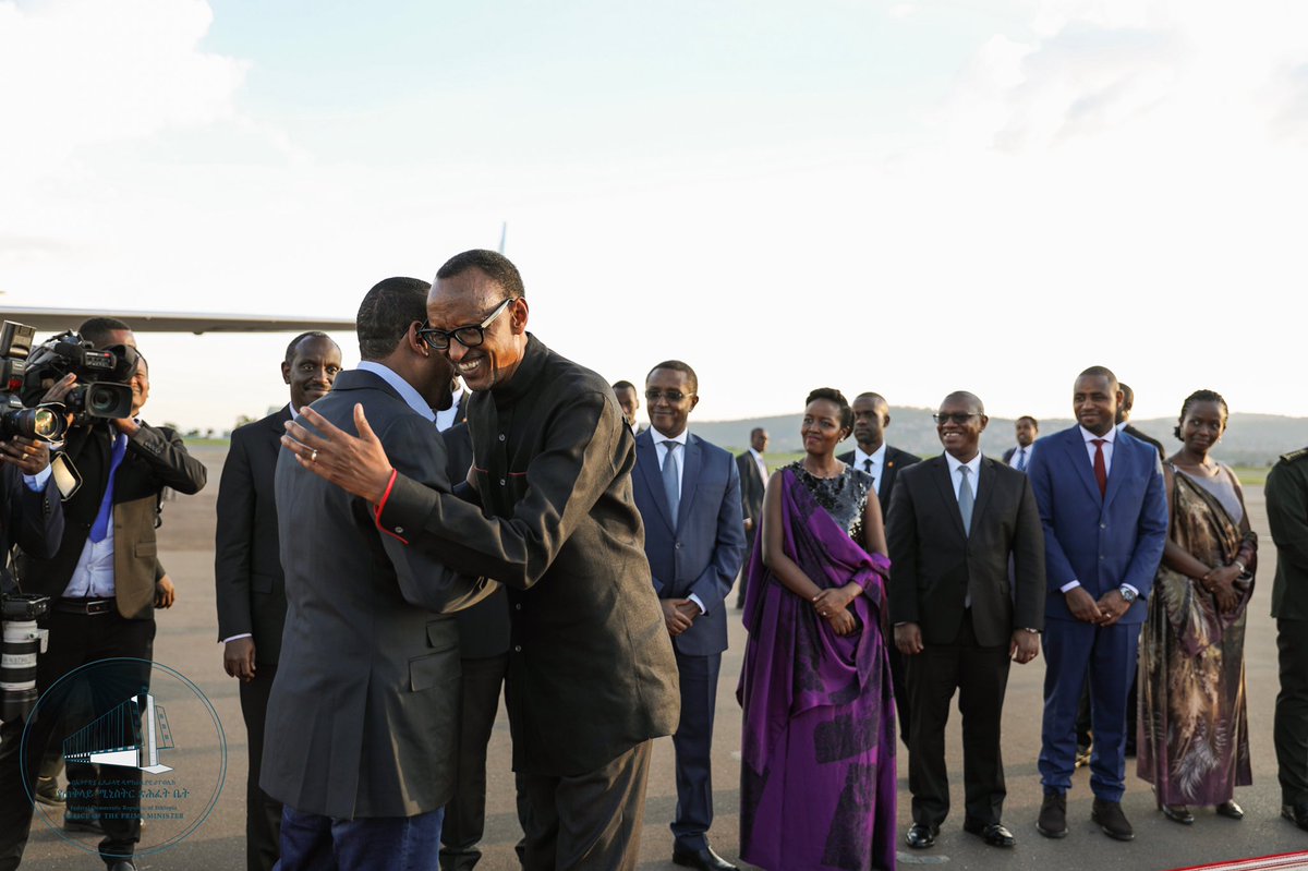 PMEthiopia's tweet photo. Prime Minister Abiy Ahmed, First Lady Zinash Tayachew and the Prime Minister’s delegation arrived in Kigali, Rwanda this afternoon for an official state visit. The Prime Minister was received by @PaulKagame. 

#PMOEthiopia https://t.co/rgKFQzu6MU