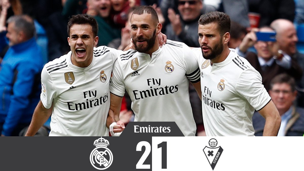 🏁 FT: <a href="/realmadrid/">Real Madrid C.F.</a> 2-1 <a href="/SDEibarEN/">SD Eibar 🇺🇸🇬🇧</a> 
⚽ <a href="/Benzema/">Karim Benzema</a> 59, 81'; Cardona 39' 
#Emirates | #RMLiga