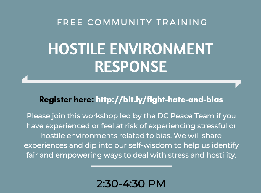Come out to our training with the @DCPeaceTeam tomorrow at 2:30pm at the North Potomac Rec Center! We'll pull from our experiences to identify techniques that help us confront stressful and hostile situations in fair and empowering ways. Register here: ow.ly/8zTc50pbGHq