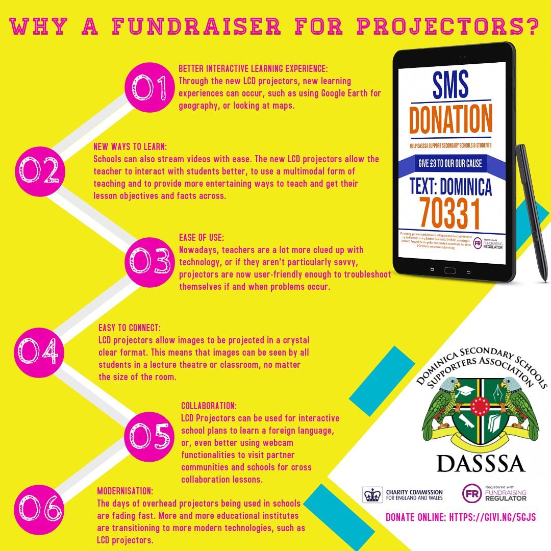 DasssaUK's tweet photo. Why are we fundraising to supply every secondary school in Dominica with LCD Projectors?
#lcdprojector #fundraising #donations #schools #dominica #charity @voteforpetter
@SkerritR
To Donate £3 today:
text DOMINICA to 70331

Standard network charge applies. https://t.co/26I8vUnRjM