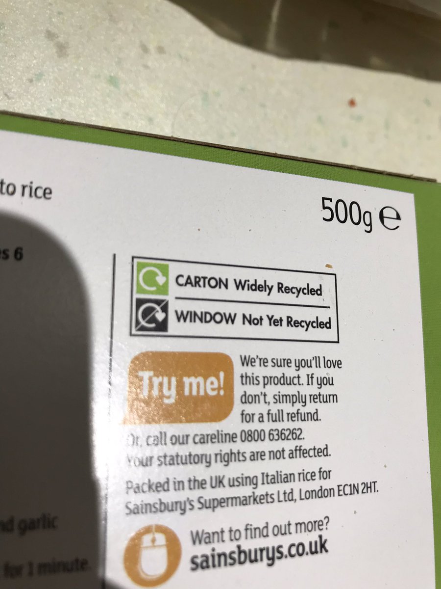 andrewdread's tweet photo. Hey @sainsburys thanks for the info re recycling options for my Sainsbury’s risotto rice. It begs the question though, why do we need a window for the box of rice? https://t.co/t57q1CA6dw
