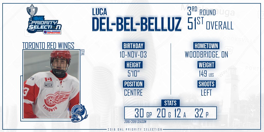OHLSteelheads's tweet photo. Round 3 - Pick 51 | With the 51st overall selection in the 2019 #OHLDraft the #Steelheads are pleased to select @lucadelbel_ of the @TorontoRedWings https://t.co/FPcjF3O3Js