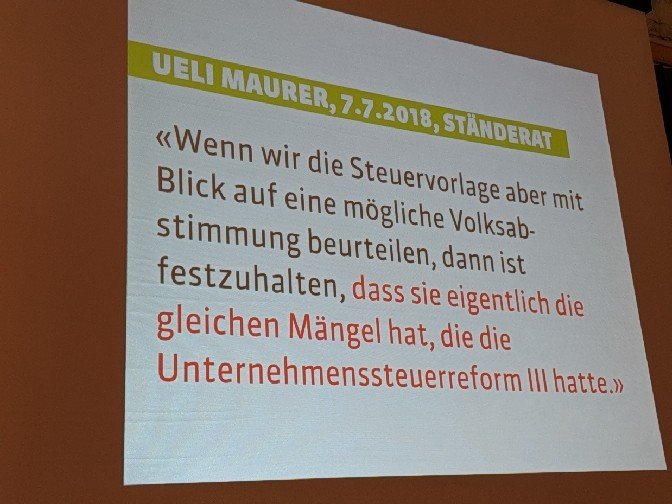 bglaettli's tweet photo. An der #DVGruene Vorstellung der #STAF durch @RegulaRytz - der unverdächtige Zeuge BR Ueli Maurer zum Thema, dass die #STAF den alten Wein der #USRIII in neue Schläuche füllt. Ohne dass er besser geworden wäre. https://t.co/wB7Gi3GCMx