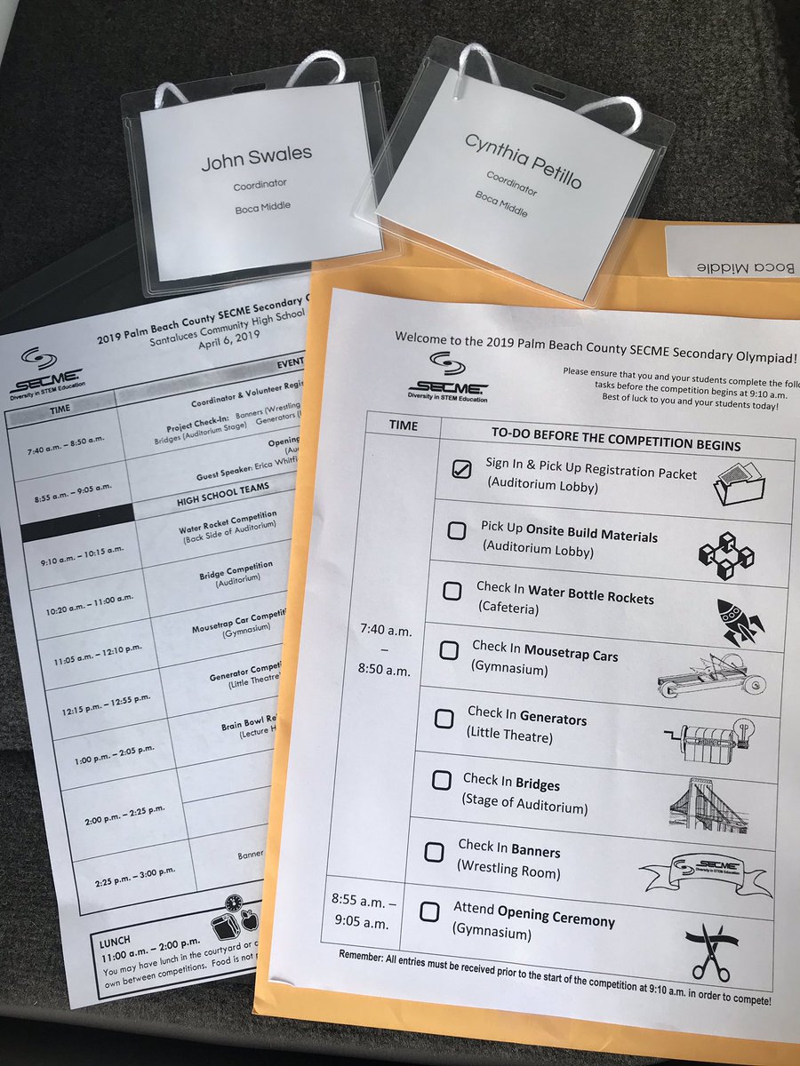 SECME District Olympiad &amp; <a href="/MrSwalesBRCMS/">John Swales</a> birthday🎉- <a href="/BocaRatonMiddle/">Boca Raton Middle</a> Cobras are registered &amp; ready for a full day of STEM competitions!🐍🚀
<a href="/CobraAP_Greene/">Emily Greene</a> @BRCMS_Principal