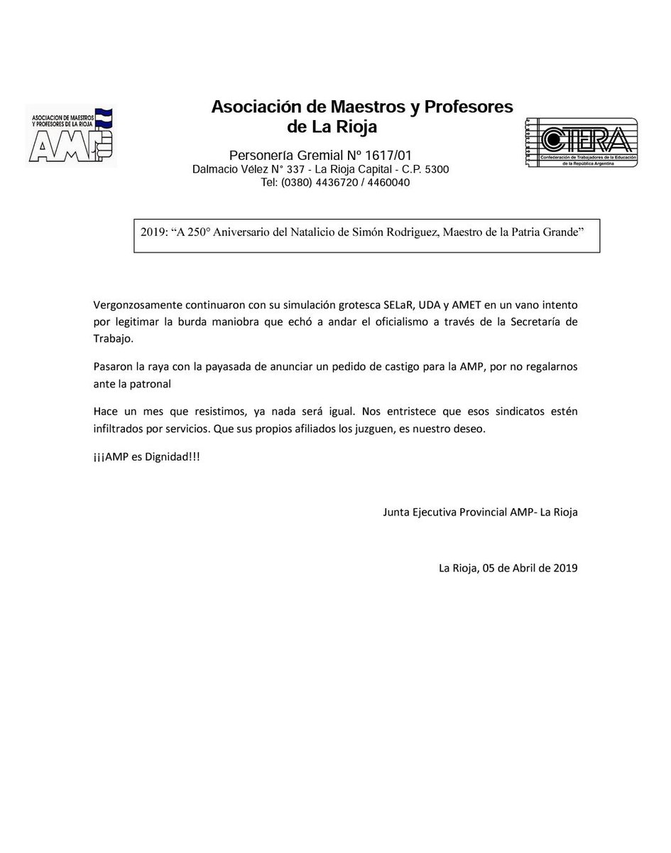 Ante la maniobra patronal a la que se sumaron sindicatos docentes minoritarios de La Rioja contra la huelga sostenida por más de un mes por la AMP sindicato de base de CTERA.
Expresamos nuestra solidaridad y absoluto apoyo a lxs docentes.
Como dicen sus banderas AMP es Dignidad.