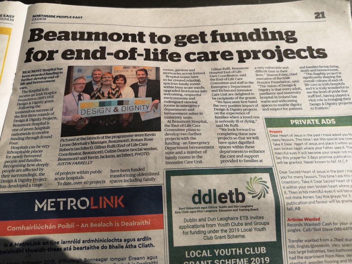 Lovely to see this in my local paper! Congrats to @gcrufli, Kevin, Celine and the Beaumont End of Life Care Committee. Fantastic team @CostelloeKate @greenekaren06 #goodnewsstory #collaboration #empathy