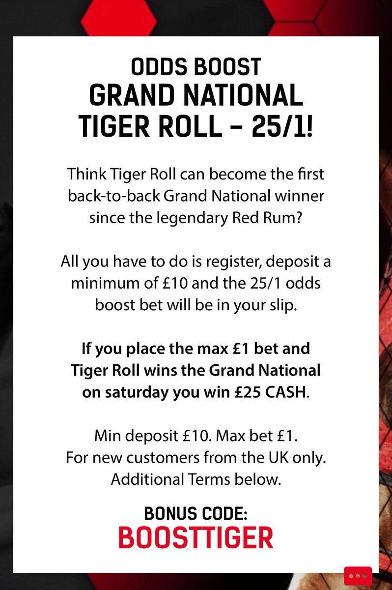 TheGeordieTips's tweet photo. TIGER ROLL TO WIN THE #GRANDNATIONAL @ 25/1 🐅🐎 

This is amazing!! 25/1 on Tiger Roll to win the Grand National (normal odds are 7/2), and winnings are being paid in CASH!!

Back it here -> https://t.co/ckxbntYHog

(18+, Ts&amp;Cs apply, https://t.co/7gqE71oLjq) https://t.co/cgTVzsHBvi