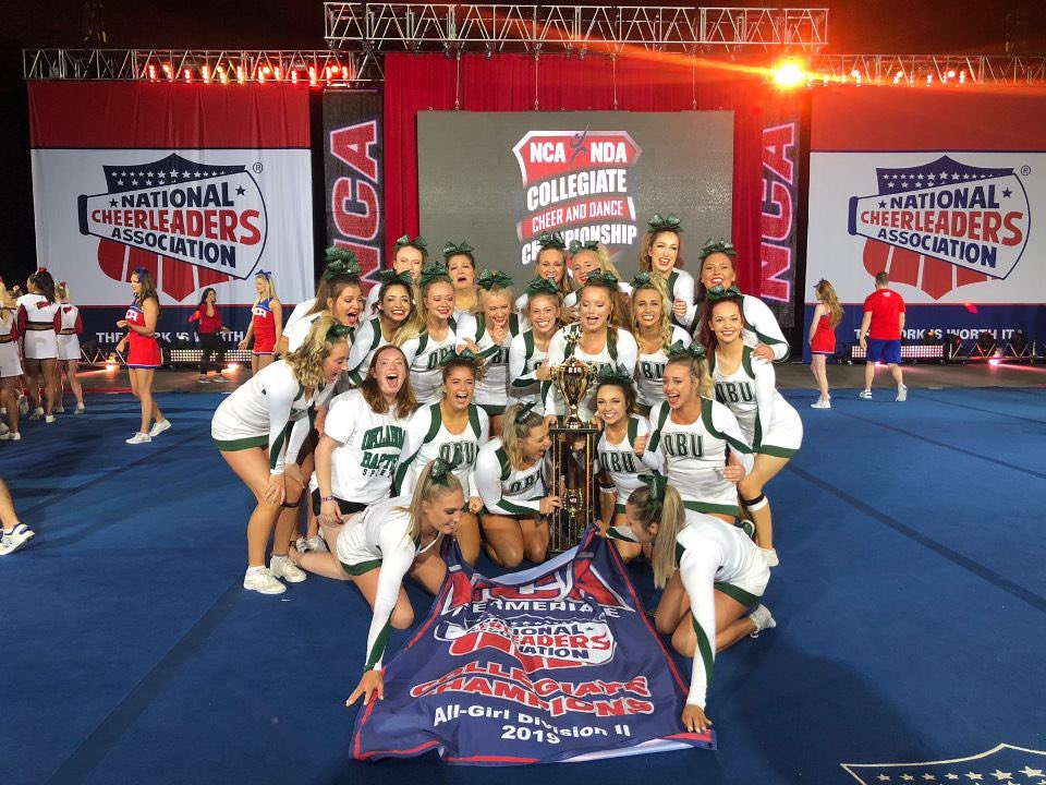 OBU_Cheer's tweet photo. OBU Cheer is your D2 NCA All Girl Advanced and Intermediate National Champions! ZIP BANG! 💚🏆 #ontovictory #okbu https://t.co/UGzZfKxHFp