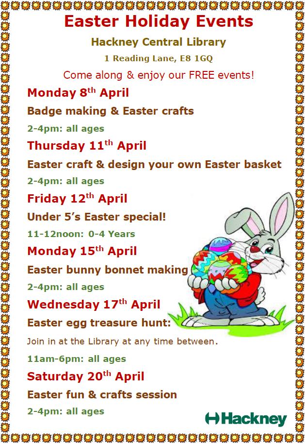 hackneylibs's tweet photo. Come along and enjoy our free Easter Holiday events!! Starting on Monday with the badge making & Easter Craft at Hackney Central Library!!
All ages welcome, 2-4 pm
#EasterCrafts #HackneyCentralLibrary https://t.co/AWz4zRMcnf