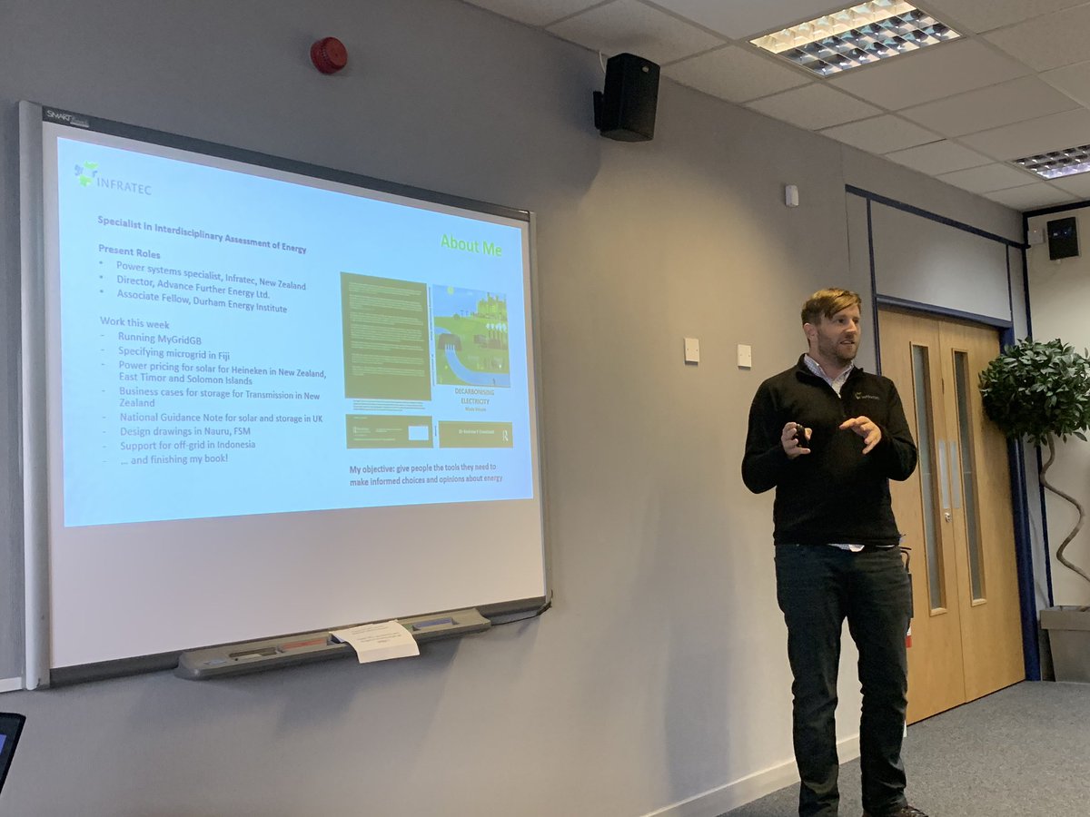 DEI_durham's tweet photo. Former DEI Energy CDT PhD student Andrew Crossland who created @myGridGB addressing the conference today starting with a brief mention of his upcoming book due out in June called Decarbonising Electricity Made Simple. https://t.co/M9w6V4xz2r