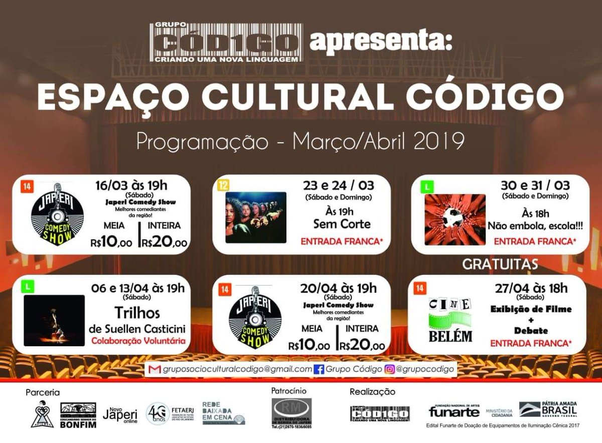 japerionline's tweet image. Hoje tem peça no Espaço Cultural Código às 19h. 

Cultura, bate-papo e novas amizades! Quem disse que em Japeri não tem nada!?

#GRUPOCODIGO