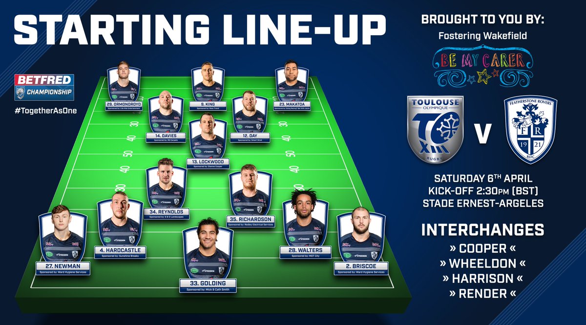 FevRoversRLFC's tweet photo. 📋 The Fostering Wakefield Starting Line-Up - Here's how Featherstone Rovers line-up for today's @Betfred Championship match against @TOXIII!

🎧 Listen LIVE with Rovers TV: https://t.co/LfknEIOO7h

#ThisIsOurHouse https://t.co/ARrKBQTJ02