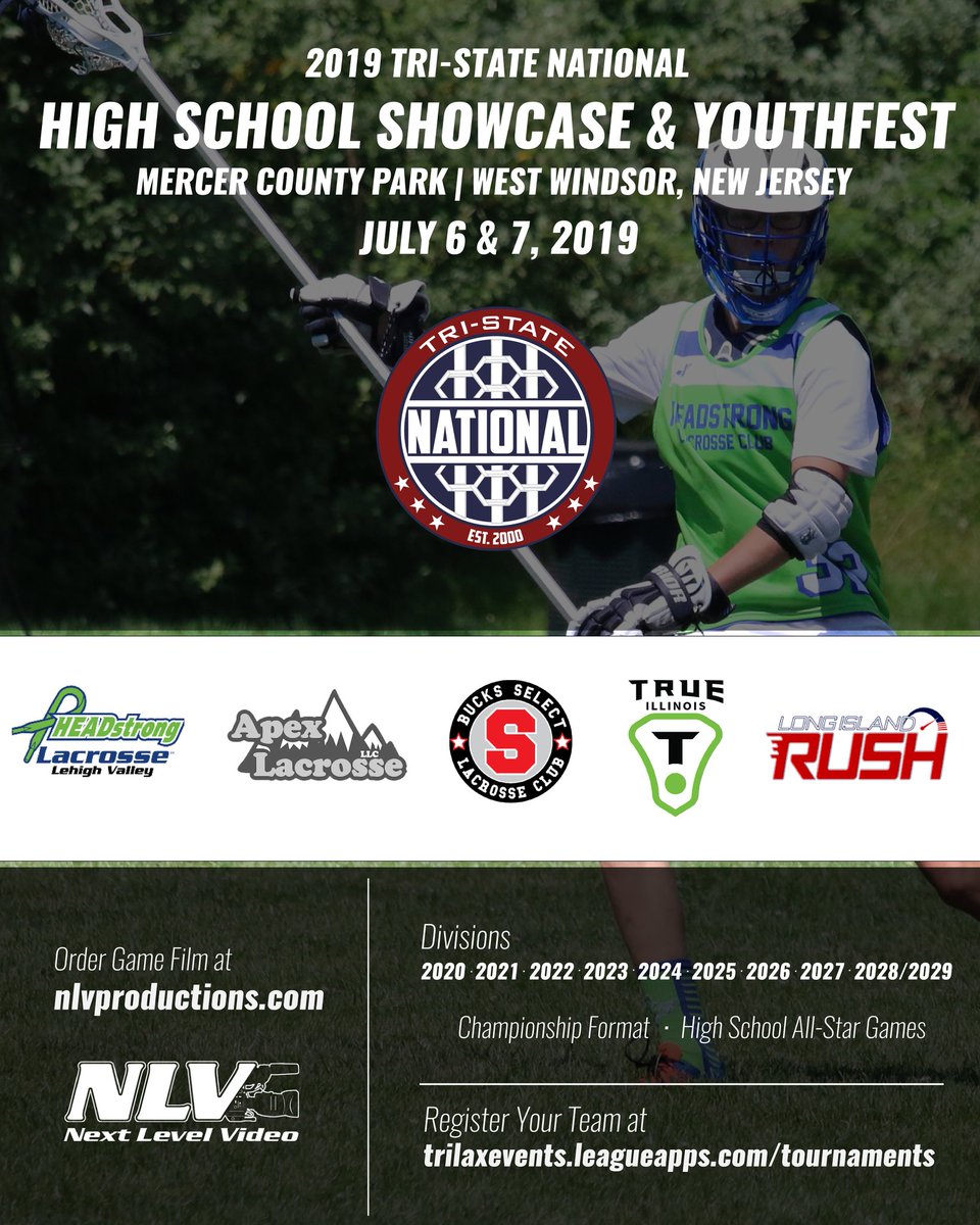 TristateLax's tweet photo. Excited to welcome the following club programs to the 2019 Tri-State National HS Showcase &amp; YouthFest!
...
@HEADstrong_LV @apex_lacrosse @BucksSelectLax @tl_illinois @LIRushLax
...
Register your team at https://t.co/rNRzm4Nqxf
Game film available from @NextLevel_Video https://t.co/hNXgtljtN3