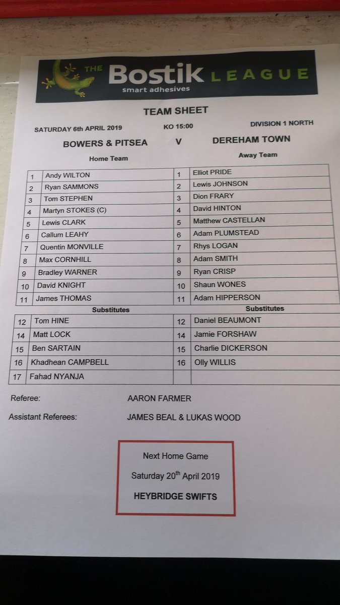 Bowerspitseafc's tweet photo. Teams are in! Just the one change for Bowers as @Jamie_Dicks93 makes way for Callum Leahy
#UpTheBowers 
#1PointNeeded https://t.co/CrkxOOLJe9