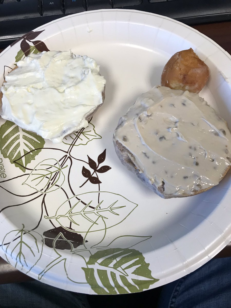 Dwyer31's tweet photo. I don’t know what happened, went grab bag with the bagel and think I got a blueberry, threw plain on one side, and honey walnut on the other? #bsbotd #🤷♂️ #blessed #munchkinontheside https://t.co/AXUYUnqi7V