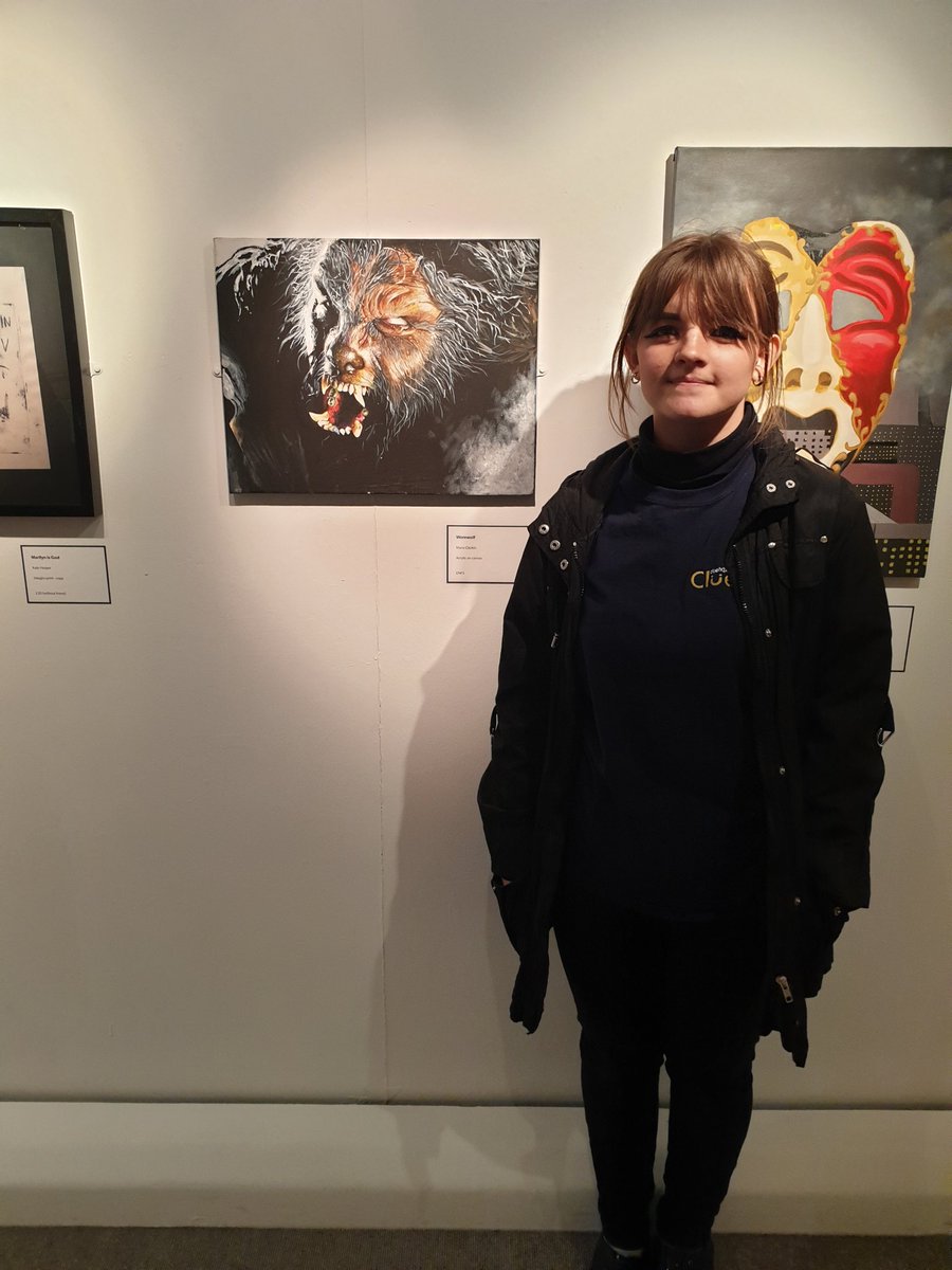 Level 3 Art &amp; Design student Maria Clerkin with her acrylic on canvas 'Werewolf' <a href="/warringtonmus/">Warrington Museum & Art Gallery</a> as part of <a href="/ArtWarringtonVR/">WarringtonArtsDept</a>'s 'NOW / fear of the unknown' group exhibition.