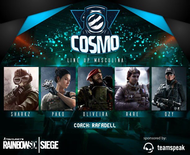 cosmogmg's tweet photo. Bom dia!
Após algumas mudanças na equipe. Hoje anunciamos a nossa line principal para Rainbow Six Siege.
Sharkz
Pako
Oliveira
R4re
Ozy
Bem vindos!
#GoCosmo #YourTeamYourRules https://t.co/ClvAgXp9GK