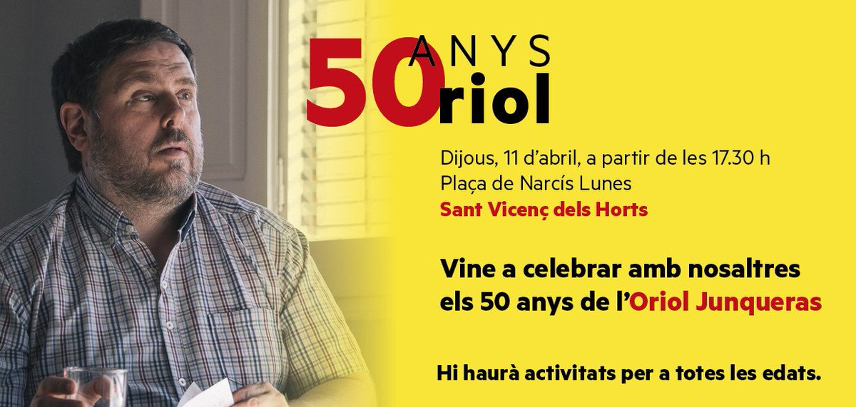 Esteu convidats a celebrar els 50 anys 🎂 de l'Oriol <a href="/Junqueras/">Oriol Junqueras 🎗️</a>. Dijous 11 a #SantVicençDelsHorts

☕Xocolatada
🖼️Fotografies familiars
👴🏻Intervenció de la seva família, amics, alumnes i companys
🎸Música
🍰Pastís

Pots felicitar-lo per vídeo a les xarxes amb hashtag #Junqueras50