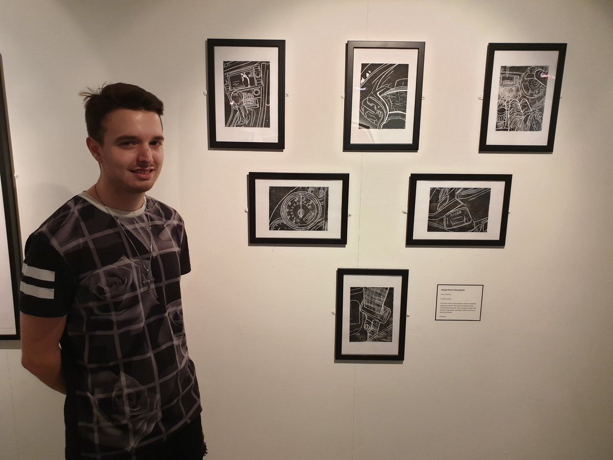 Level 3 Art &amp; Design Extended Diploma student Adam Wareing presents his Linoleum prints 'Danger Driver (hexaptych)' <a href="/warringtonmus/">Warrington Museum & Art Gallery</a>. Adam's prints portray a series of politically dangerous actions including drink driving, speeding and mobile use.