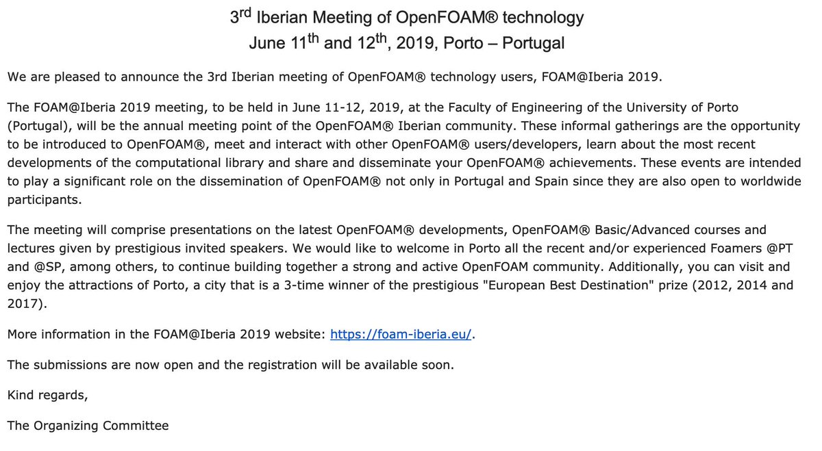 FOAMIberia1's tweet photo. Save the date: 3rd Iberian Meeting of OpenFOAM® #OpenFoam #OpenFoamPorto #Porto #Portugal https://t.co/OgmxDPmL2l