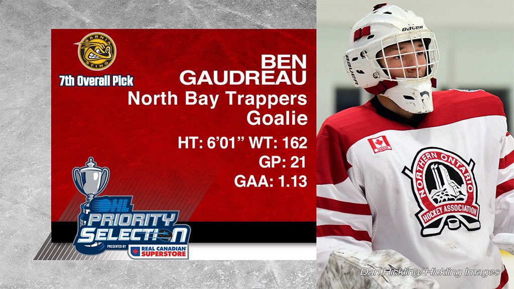 OHLHockey's tweet photo. Congrats to goaltender Ben Gaudreau of @NBDTHA selected seventh overall by @StingHockey in the 2019 #OHLDraft: https://t.co/hVOuLKcba9 https://t.co/b6Vii1DzOc