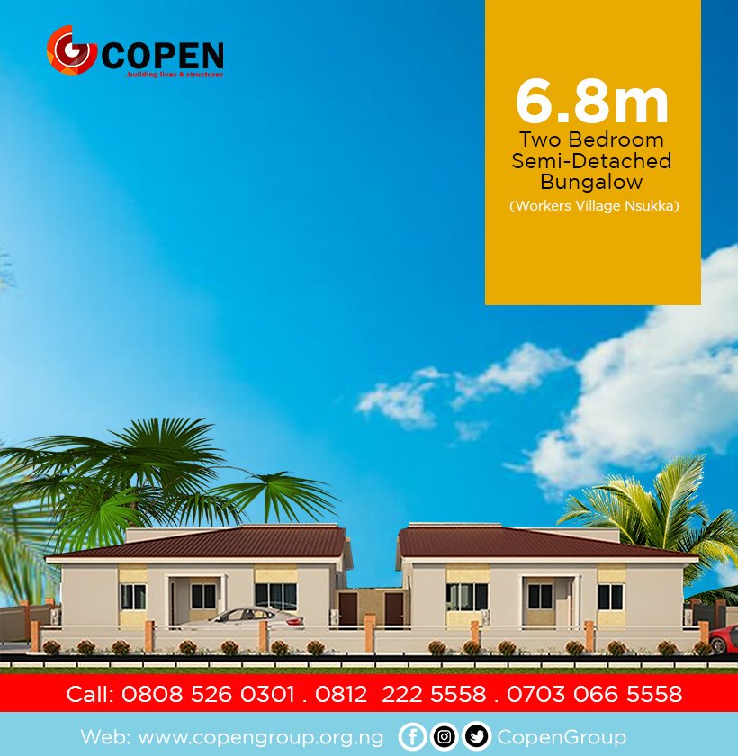 CopenGroup's tweet photo. Estate: Workers Village Nsukka
Option: Two Bedroom Semi-Detached Bungalow
Price: N6.8m
Payment options: Outright, Instalment and Mortgage
Status: Fully built.
https://t.co/J8oR8gBtW5
#Multidev #CopenGroup #WorkersVillageNsukka #Housing https://t.co/J9DYKfleWA