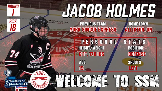 OHLHoundPower's tweet photo. With the 18th pick in the 2019 OHL Priority Selection, we've selected defenseman Jacob Holmes. #WelcomeToSSM, Jacob! https://t.co/KRNNESJS1W