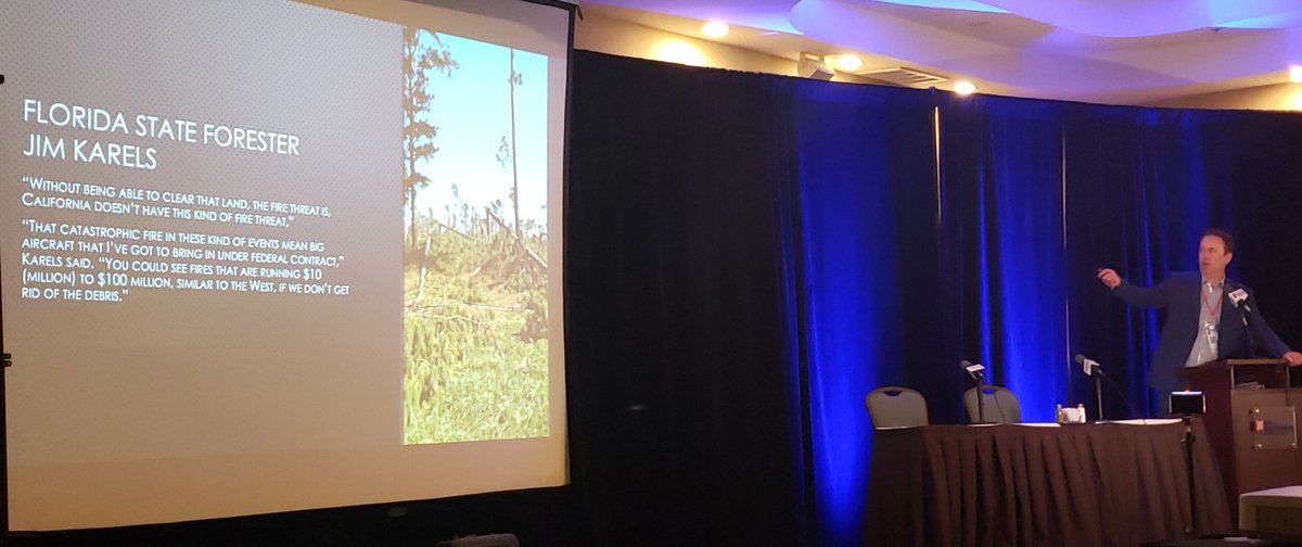 theWeatherboy's tweet photo. Will last year's #HurricaneMichael disaster turn into a future wildfire disaster? @AllenStrum chats up the threat at #NTWC19: incredible damage to miles and miles of downed trees in the storm's wake could be fuel to yet another disaster.🌀 🔥😮 https://t.co/fHczQwjskF