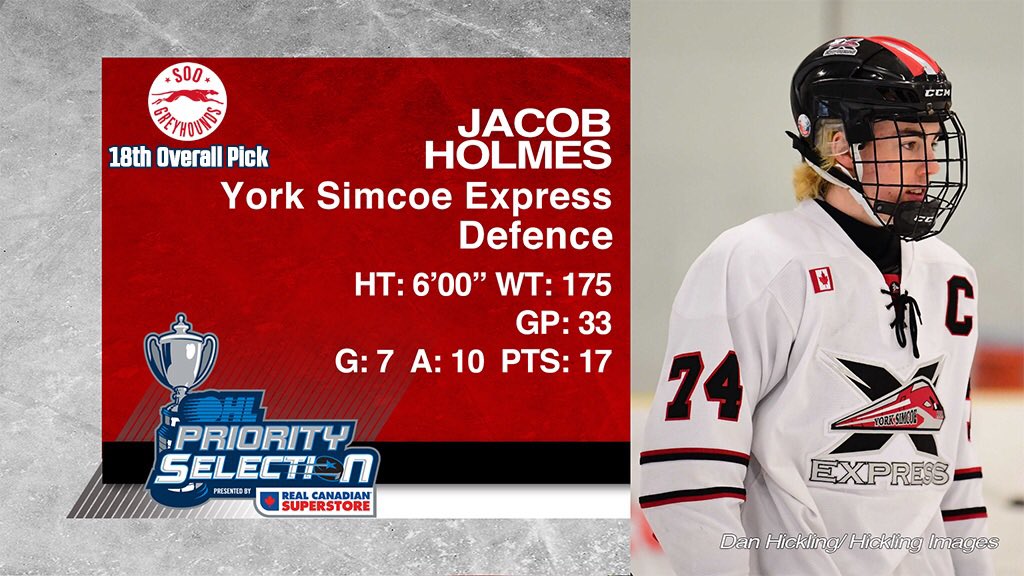 Congrats to defenceman Jacob Holmes of <a href="/03YSE/">York Simcoe Express ‘03</a> selected 18th overall by <a href="/OHLHoundPower/">Soo Greyhounds</a> in the 2019 #OHLDraft: bit.ly/2U1j064