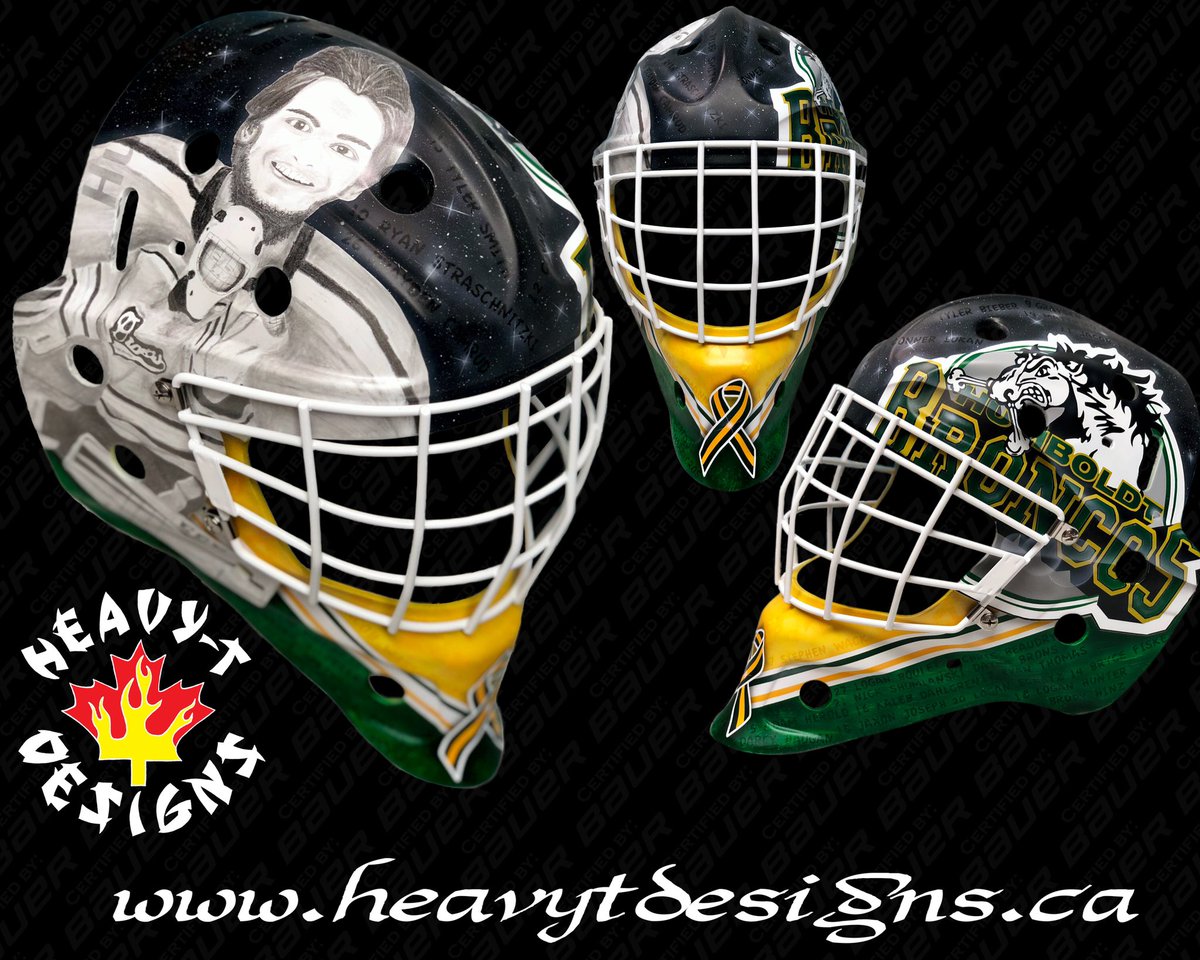 HeavyTDesigns's tweet photo. “Parker Tobin Tribute” mask.

This mask has 30 names on it with everyone that was on the bus including assistant coach Chris Beaudry that was not on the bus but drove to the game and came across the scene. It has 16 stars in the sky and one star on the ribbon for Elgar Petersen. https://t.co/UeIYtHQY3U