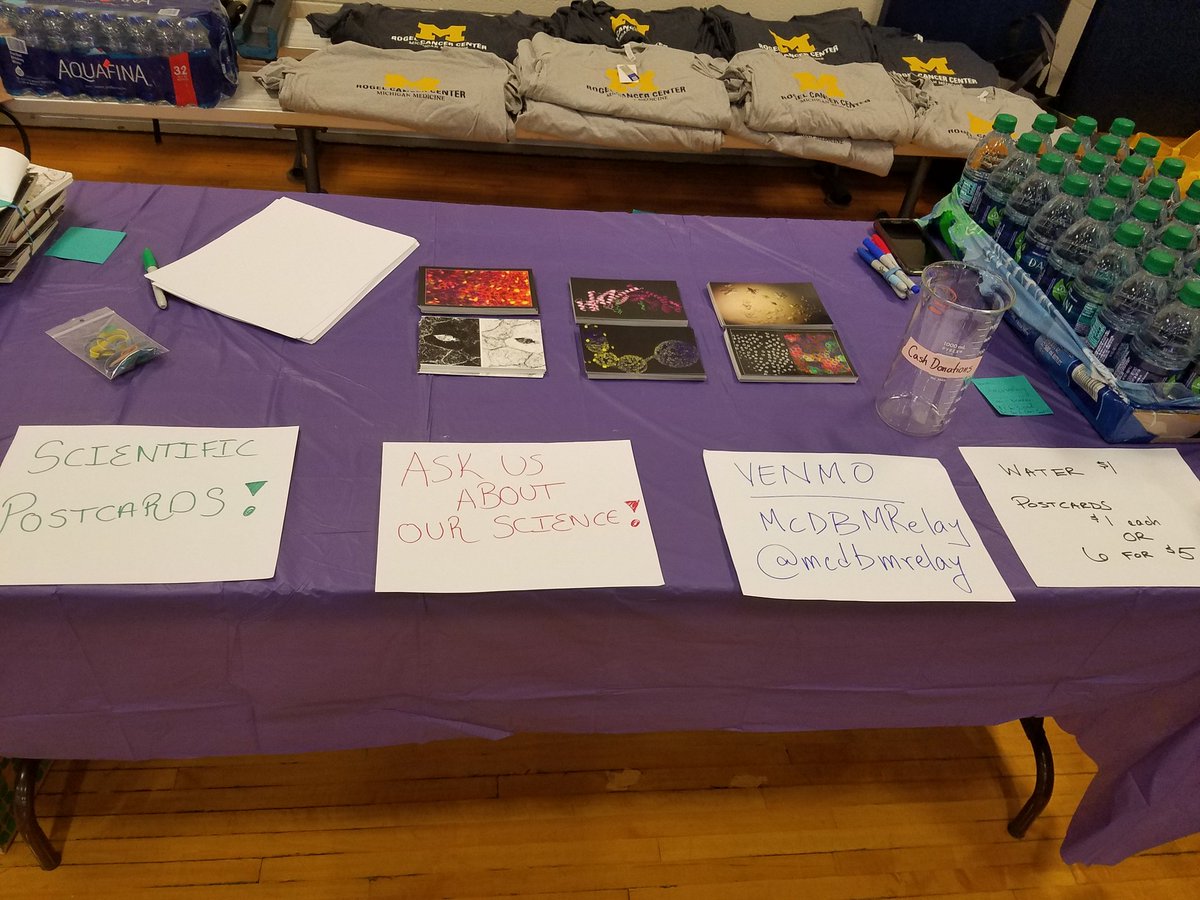 DevonPendlebury's tweet photo. Come visit @UMich_MCDB at @mrelay_  and buy some pretty science postcards and talk about our cancer research! https://t.co/8MILounwj1