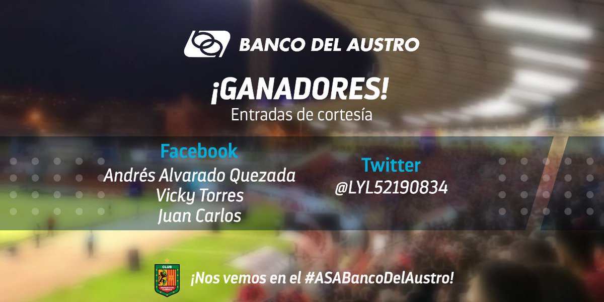 BancodelAustro's tweet photo. ¡Premiamos a nuestros ganadores con entradas al #ASABancoDelAustro!
Tú también puedes participar en nuestras interacciones y ganar entradas para los partidos del Deportivo Cuenca, permanece atento a nuestras redes sociales :D https://t.co/Xz2dz3Kzwx