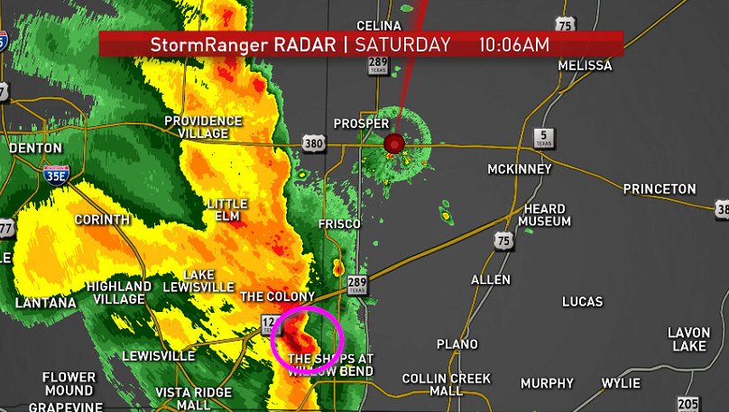 BrianJamesWx's tweet photo. Our #StormRanger radar is picking up an area of enhanced wind possible near the Shops at Willow Bend. Wind gusts near 45 mph will be possible. #dfwwx #NBCDFWWeather https://t.co/RGSbae1txN