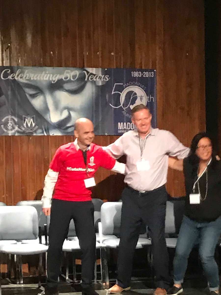 ⁦<a href="/TCDSB/">Toronto Catholic District School Board</a>⁩ Director Rory McGuckin and Trustee DiPaaquale dancing with Greg Rogers at the OAPCE conference at Madonna CSS.