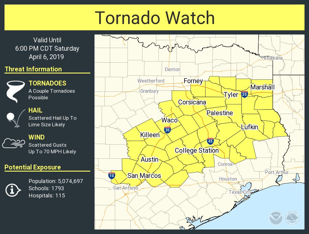 NWSSanAntonio's tweet photo. A tornado watch has been issued for parts of Texas until 6 PM CDT https://t.co/jIwhCvFe6J