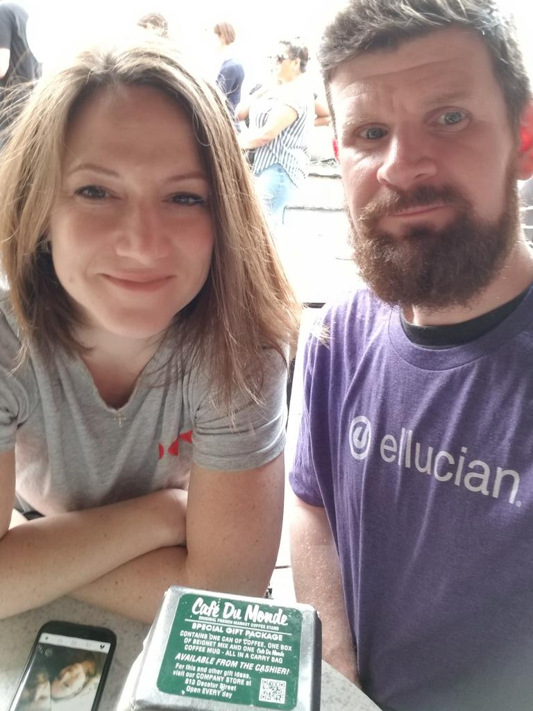 Getting some sweet beignets with my sweety and fueling up for #eLive19 with chicory café au lait #cafédumonde