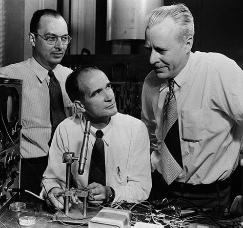 was positioning themselves in the right place to receive the TRANSISTOR.These bois from Bell Labs won the Nobel Prize in Physics in 1956 for an invention that changed electronics forever. It's "basically" a silicon switch that can be turned on or off by applying a voltage to it