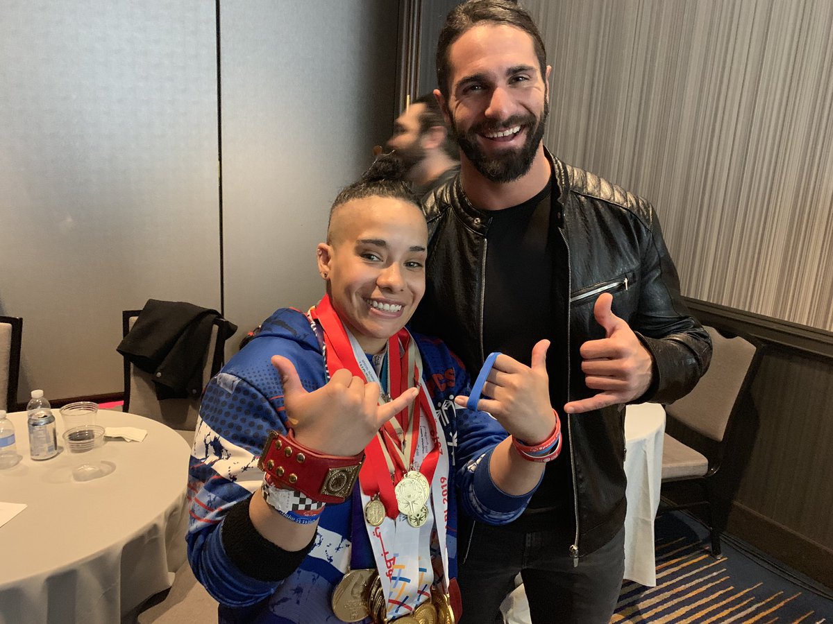 .<a href="/SpecialOlympics/">Special Olympics</a> New York Gold Medalist Angel Athenas got to rub elbows with #WWE Superstars <a href="/BeckyLynchWWE/">Rebecca Quin</a>, @WWETheBigShow, <a href="/WWERomanReigns/">Roman Reigns</a> and <a href="/WWERollins/">Seth Rollins</a> as part of this afternoon’s #WrestleMania Week festivities.